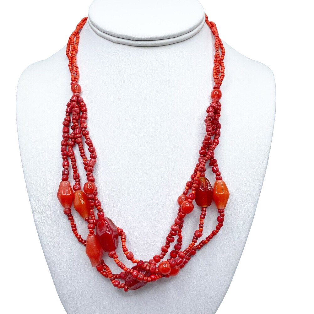 Multi Strand Orange Glass Hand Beaded Necklace Bright Vivid Pop of Color 18"